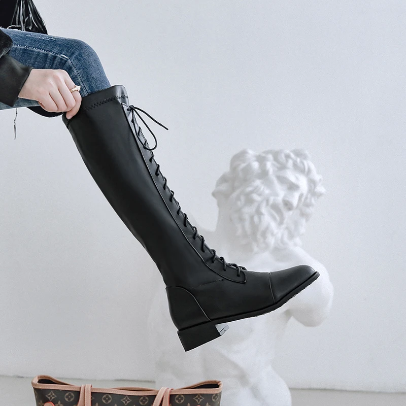 

WETKISS Motorcycle Boots Women Low Heels Boot Round Toe Shoes Female Army Shoes Ladies Cross Tied Shoes Winter Plus Size 32-46