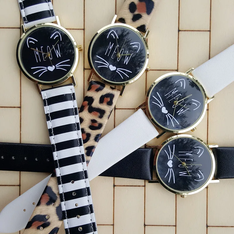 Милые часы с котом новинка 2016 кожаным ремешком в форме мордочки кошки женские