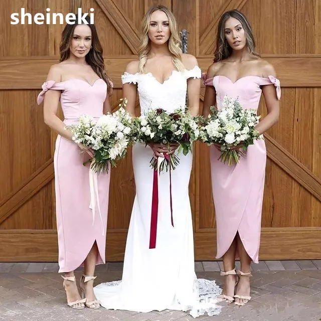 Розовое сексуальное платье подружки невесты с открытыми плечами летнее пляжное