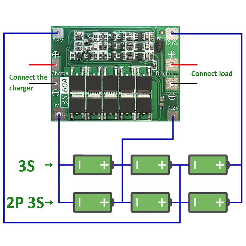 Защитная плата PCB BMS 3S 60A для зарядки литий ионных аккумуляторов 11 1 В 12 6 модуль