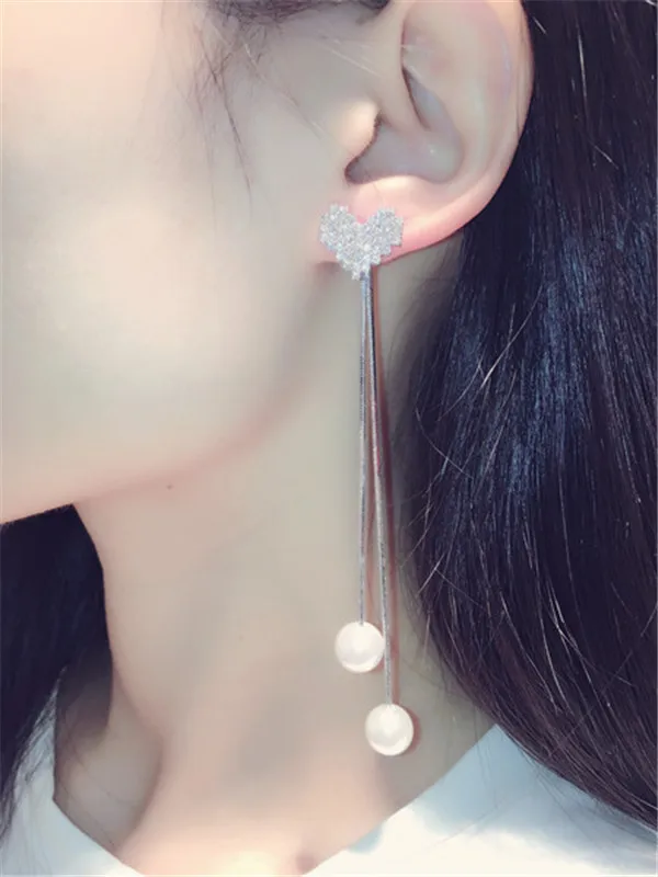Фото Charmwin новые ранние серьги для женщин Simlated Pearl стразы Двойное сердце висячие серьги №2
