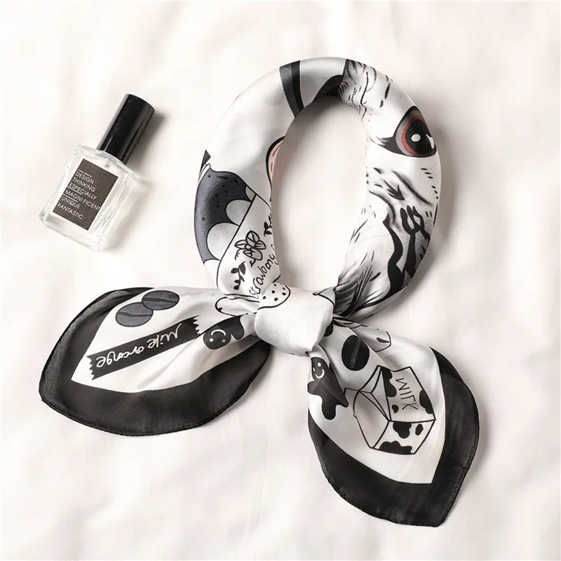 Luxury Brand New Fashion Summer Silk Square Scarf Women Cat Print Satin Neck Hair Tie Band Beach Hijab Head Female Foulard