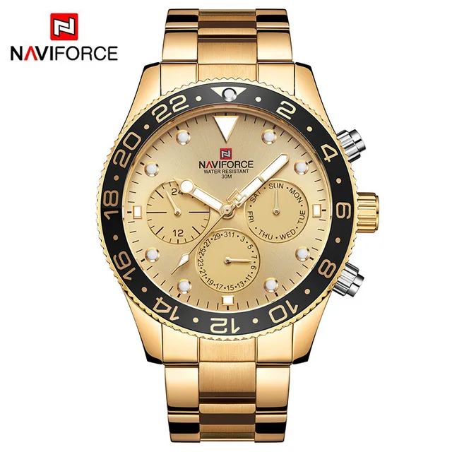 gold gold black Мужские s часы Топ люксовый бренд NAVIFORCE модные спортивные водонепроницаемые 24 часы с датой мужские стальные кварцевые наручные часы для деловых людей - Цвет: gold gold black