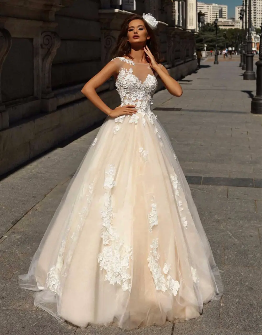 Picture colors LORIE свадебное платье белые цвета слоновой кости с кружевной аппликацией Свадебные платья а-силуэта Иллюзия длинный шлейф vestido de noiva плюс размер платье Новинка - Цвет: Picture colors