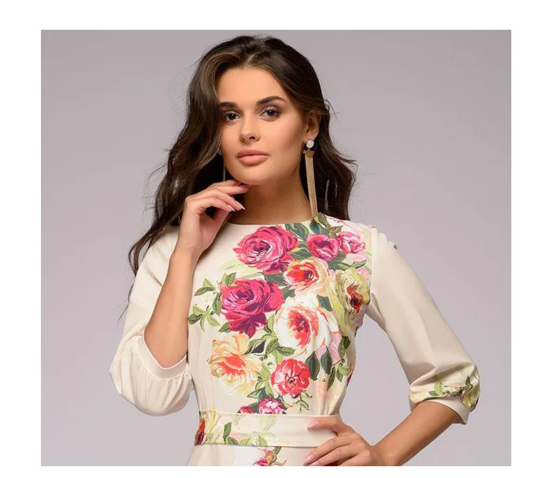 Для женщин Bodycon цветы платье с принтом осень 3/4 Фонари рукав Тонкий вечерние элегантное платье в стиле бохо, Повседневное Длинные платья Vestidos сексуальная