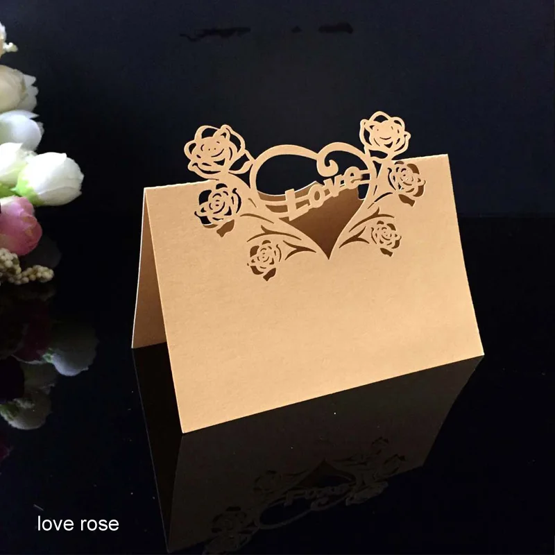 love rose День рождения декор место карты Лазерная резка 50 шт. полые узор в форме сердца Свадебные События Таблица имя карты цветочный декупаж - Цвет: love rose