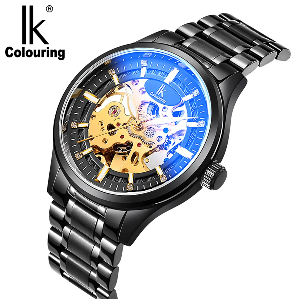 

IK Colouring Fashion Casual Men's Brand Watches Automatic Hollow Skeleton relogios Stainless Steel Band Mechanical Wristwatch