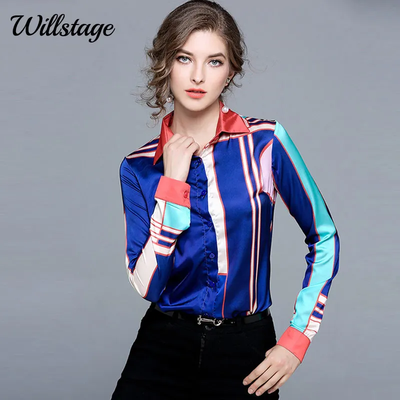 Willstage Для женщин блузка с длинным рукавом Цветочный звезда печатных Красочные