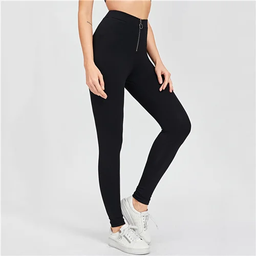 Черный SweatyRocks, однотонные леггинсы с высокой талией и молнией спереди, женская одежда для активного отдыха, черные леггинсы для тренировок, весна, повседневные обтягивающие леггинсы - Цвет: Черный