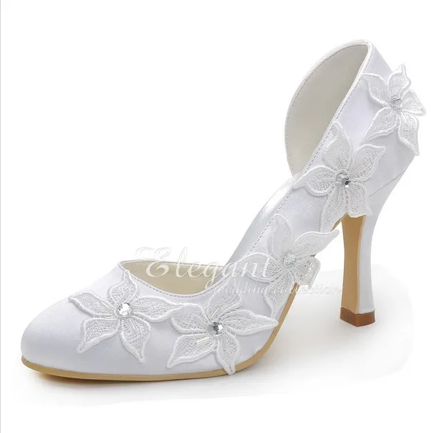 

2018 Beautiful White Bridal Dress Shoes High Heel Lady Banquet Party Dress Shoes Plus Flower Elegant Satin Wedding Shoes Size 41