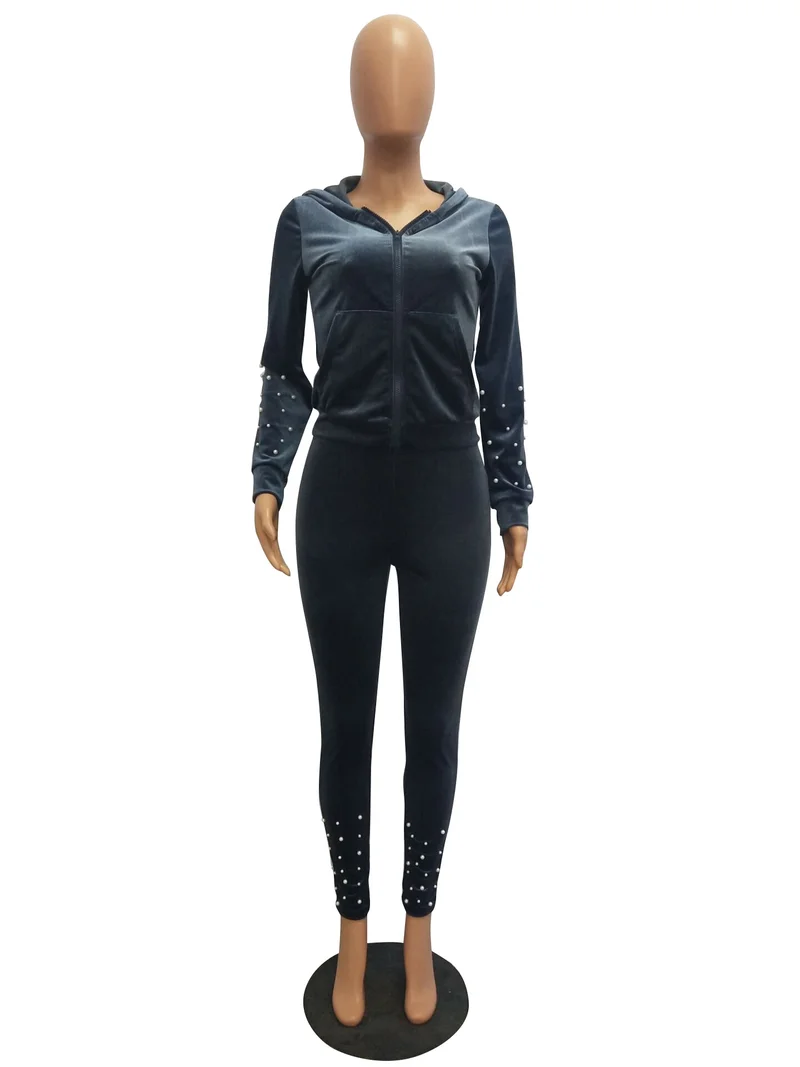

Long Sleeve Pearl Beading Women's Fleece Tracksuit Zipper Jacket Sweatshirt + Side Bead Long Pant Two Piece Set Fitness Outfits