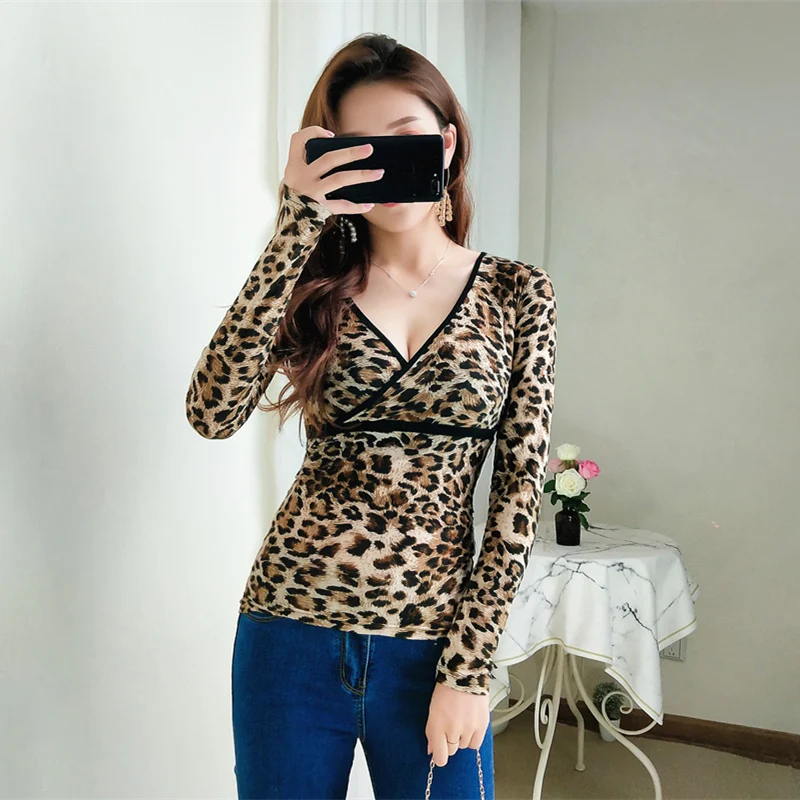 spring sexy style Low-cut Women's Clothing leopard Slim t shirts long sleeve fashion brands corset club tees v-neck new | Женская