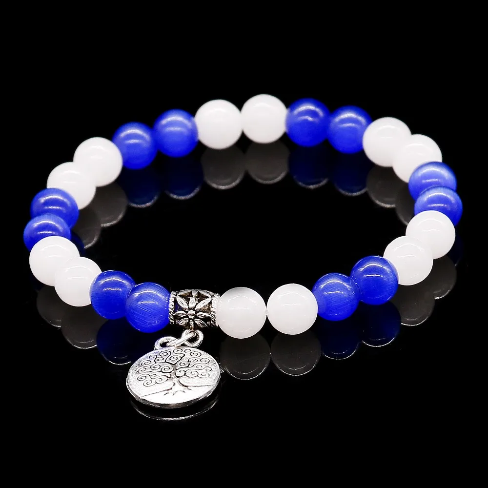 Голубой опал натуральный бисер браслеты белый халцедон эластичная линия браслет