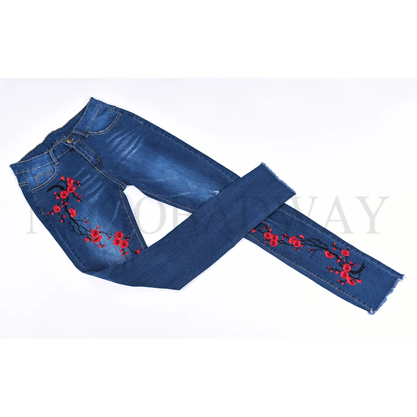 Женские рваные джинсы с цветочной вышивкой Стрейчевые джинсовые брюки большого