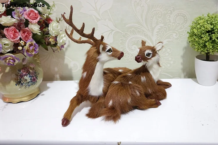 large 34x16x25cm simulation brown deers hard model polyethylene&real furs couples deers craft prop,home decoration gift s1376