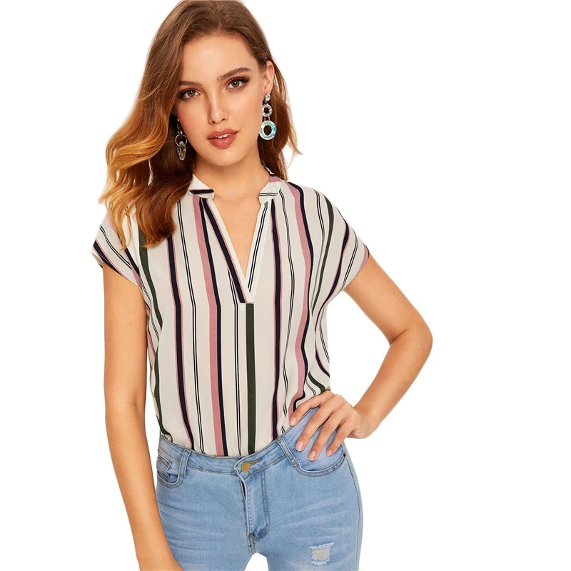 SHEIN, разноцветный топ в полоску с v-образным вырезом, летняя блузка, женская летняя рабочая одежда с глубоким подолом и рукавом-крылышком, повседневные женские топы и блузки