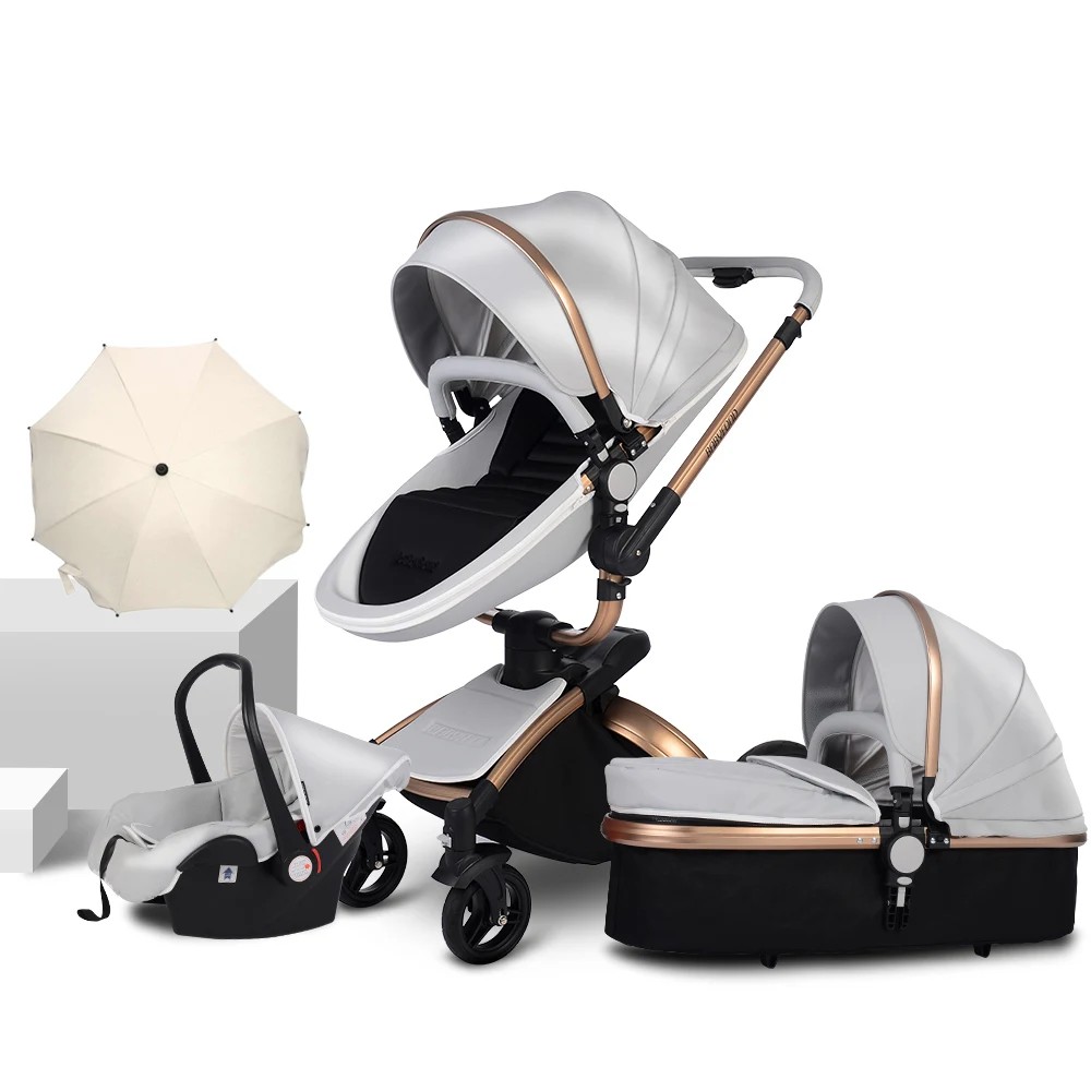 grey 4 pcs Babyfond Роскошная детская коляска 3 в 1, модная коляска с автомобильным сиденьем, Золотая рама, европейская коляска с зонтиком, подарки, без налогов - Цвет: grey 4 pcs