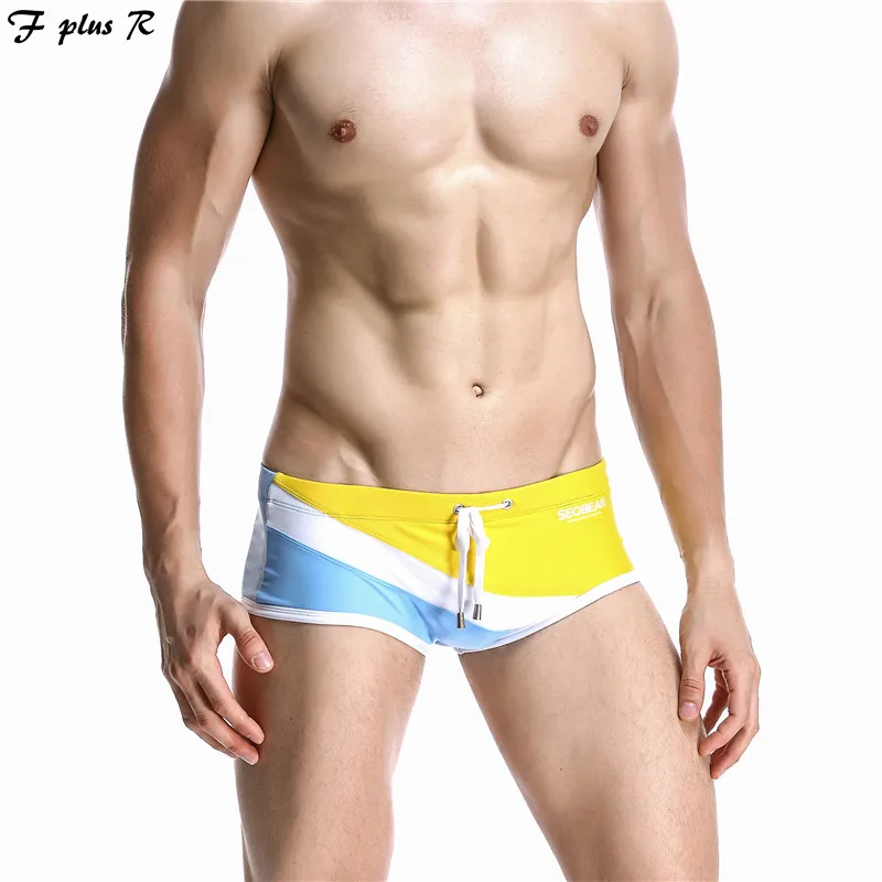 F plus R Sexy Men's Swimming Trunks Lace Up Patchwork Swimsuits Surf Board Beachwear Swim Briefs | Спорт и развлечения