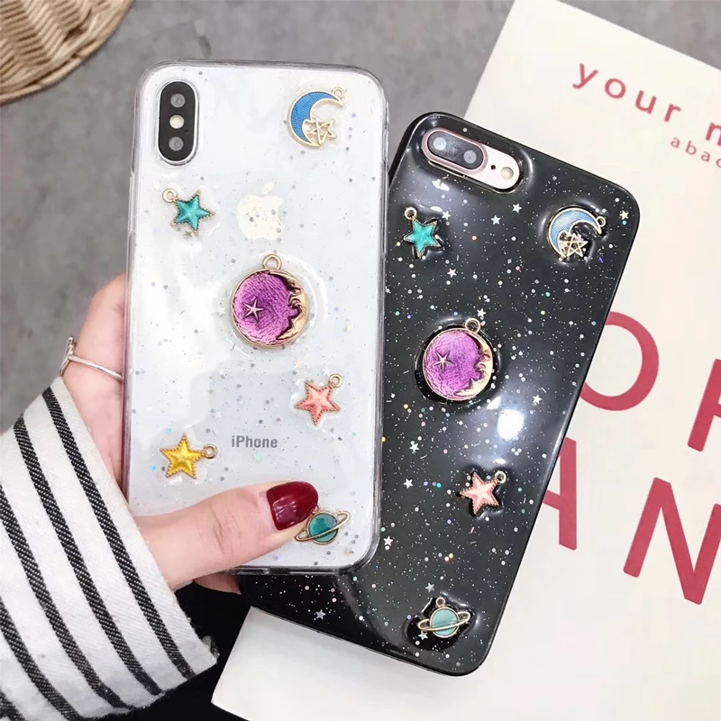 Fashion Moon Stars Planet Phone Case For iphone X Bling Glitter Universe 6S 6 7 8 Plus Cover Capa |