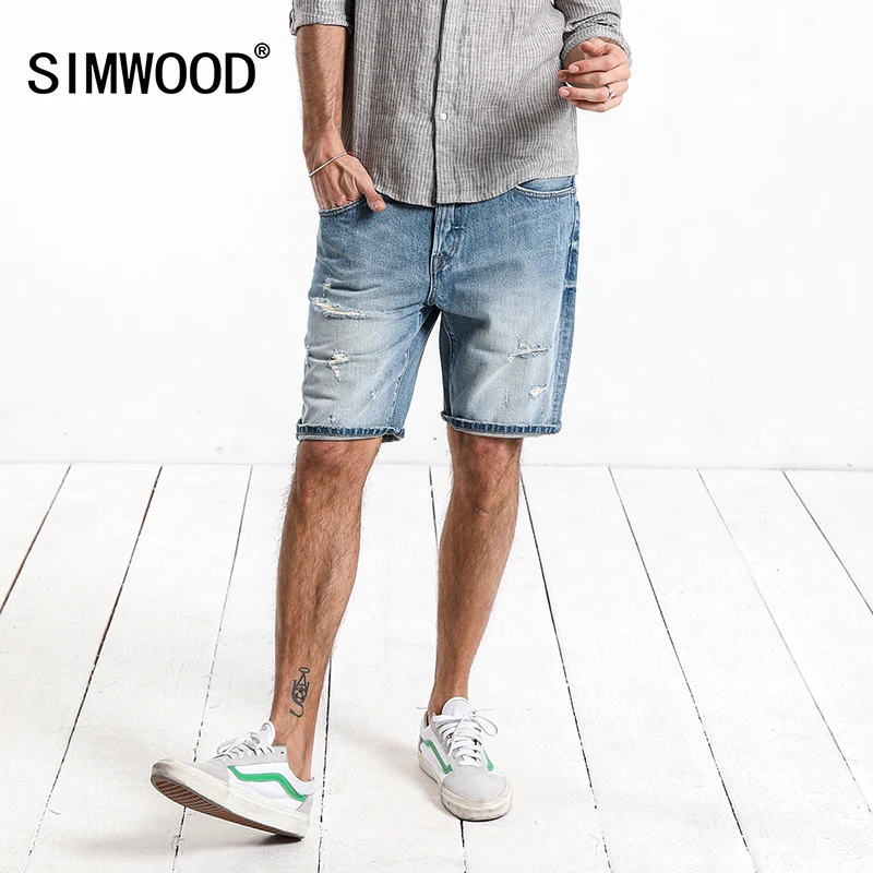 SIMWOOD/2019 новые летние джинсовые шорты мужские повседневные джинсы рваные с