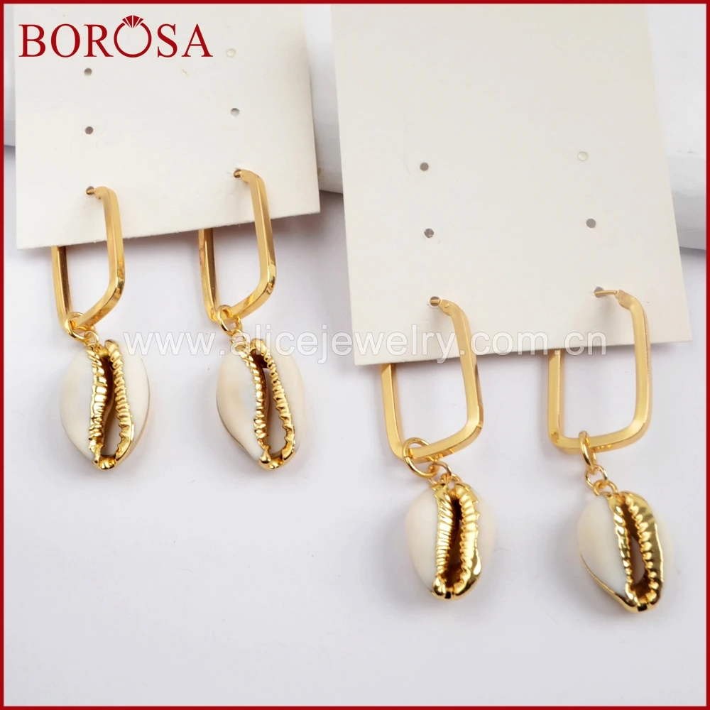 

BOROSA New Arrival Natural Druzy Fashion Jewelry Gold Color Cowrie Shell Rectangle Earring For Women Statement Gift G1589