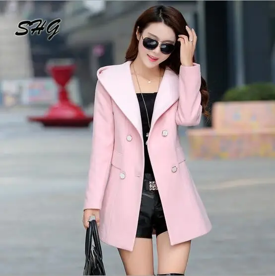 winter Slim cashmere woolen coat Korean fashion women's double breasted wool hooded SHG15101301 | Женская одежда