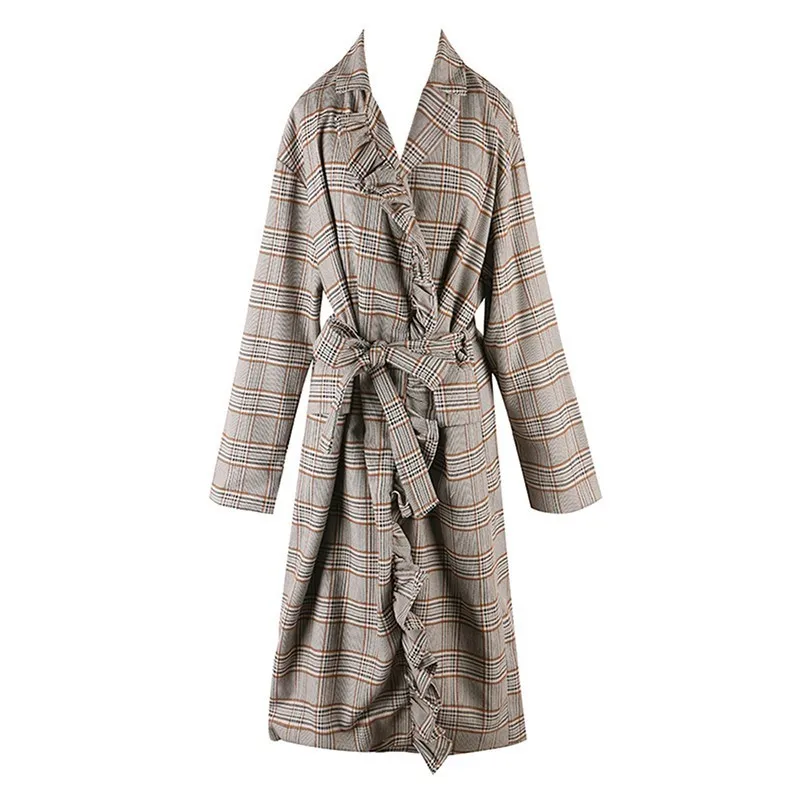 TWOTWINSTYLE Plaid Womens Windbreakers High Waist Lace Up Double Breasted Patchwork Ruffle Trench Coat Female Autumn Fashion New | Женская