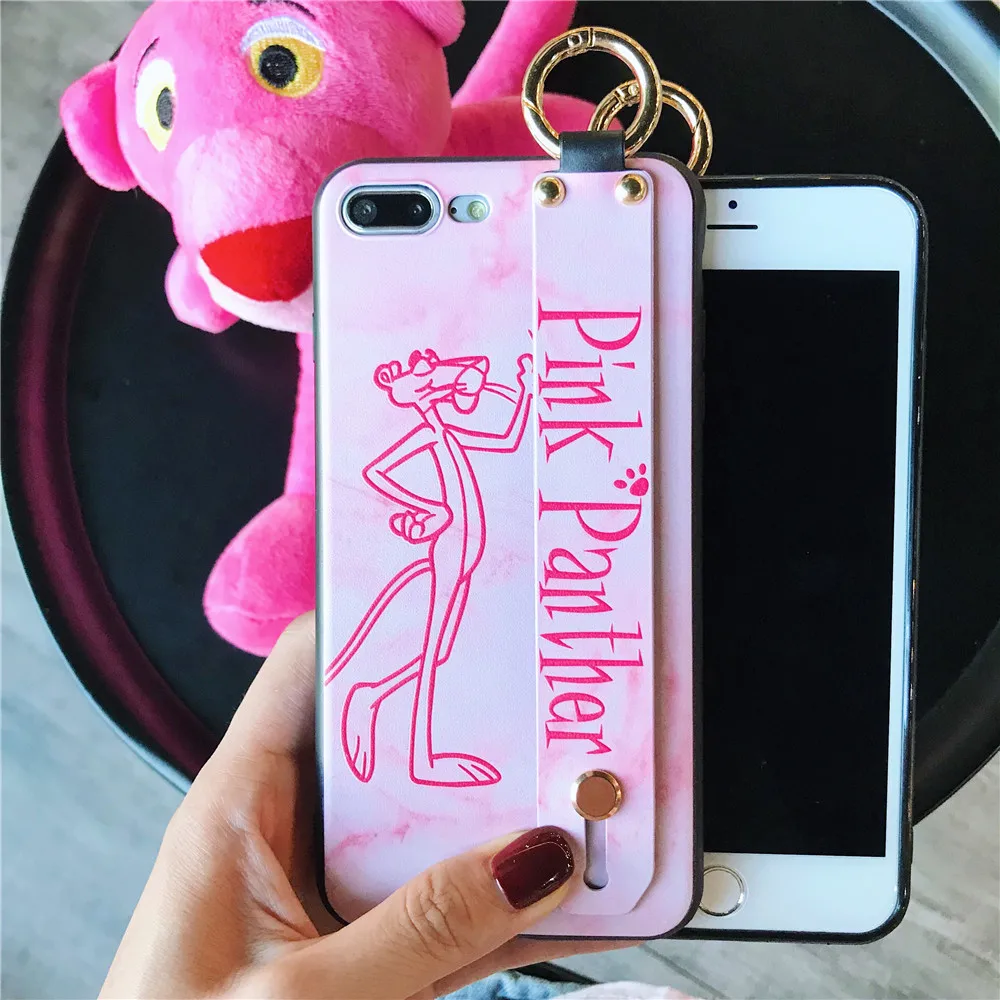 Fashion Pink Panther Ring Phone Case For iPhone X XS MAX XR 6s 7 8 Plus Girl Cute Naughty Leopard Wrist Strap Handbag |