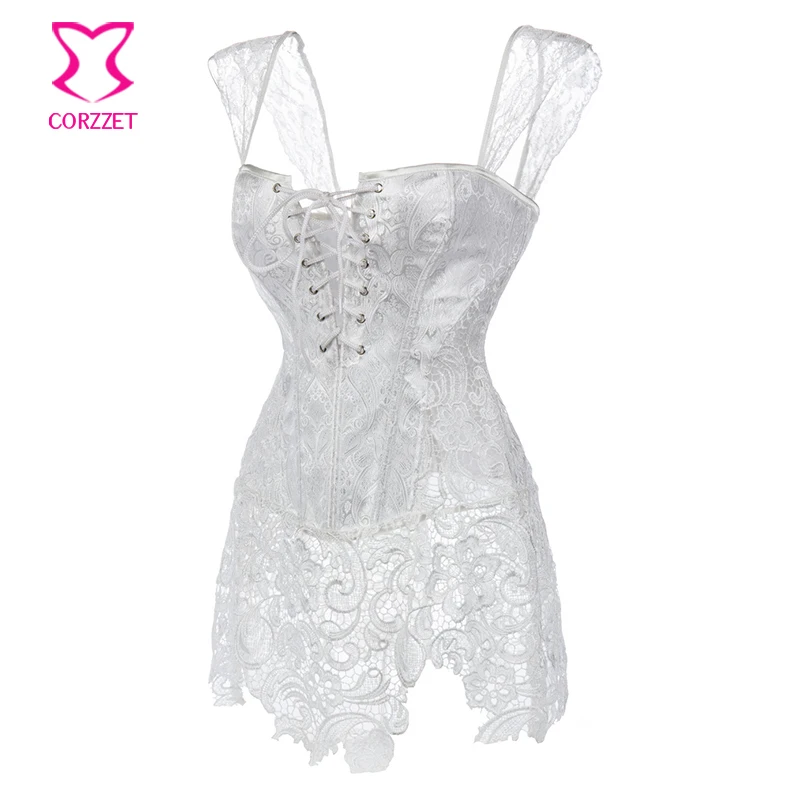 Белый узор Пейсли и кружевной подол Свадебный корсет Викторианский корсетт для