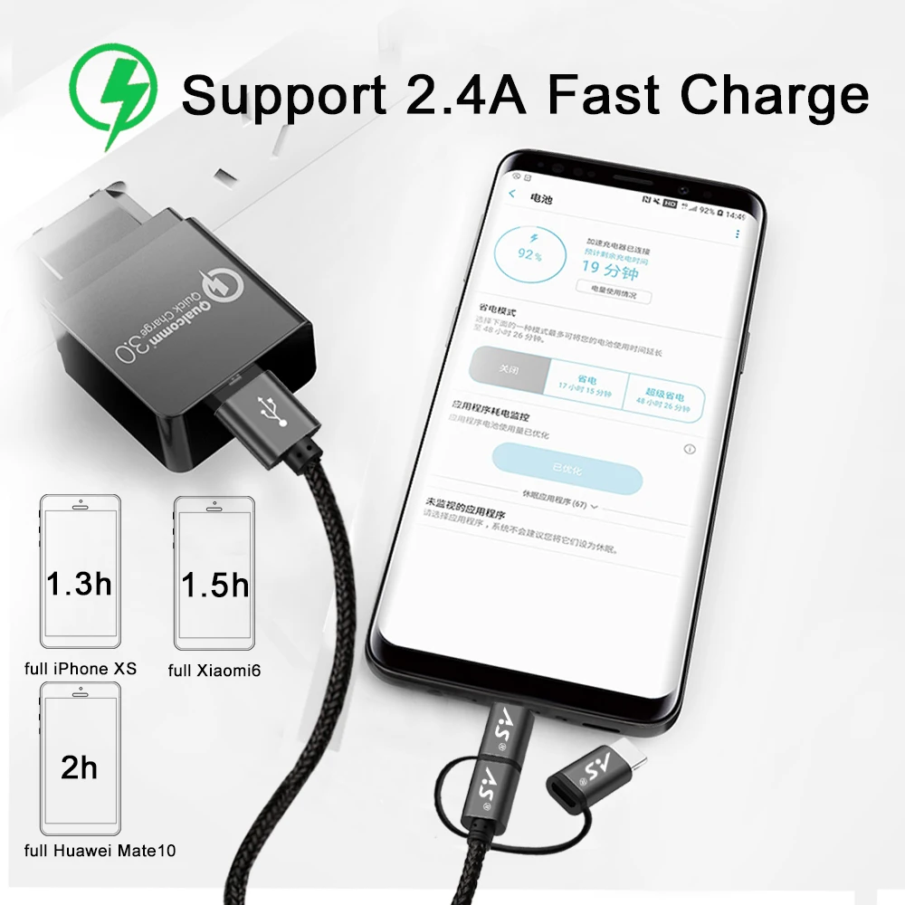 A.S 3в1 USB кабель для iPhone XS X 8 7 6 5 Micro Type C Samsung S9 S8 быстрой зарядки 2.4A шнур зарядного