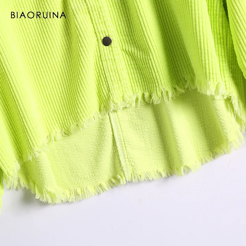 

BIAORUINA Korean Style Women Green Corduroy Solid Jacket Turn-down Collar Female Loose Safari Style Jacket Coat Tassles