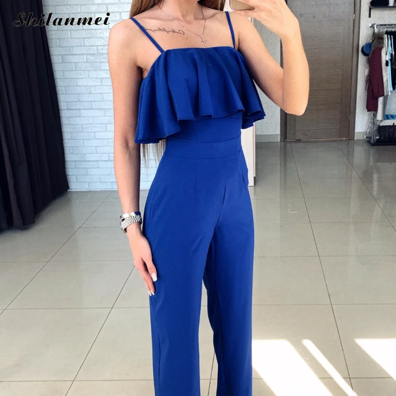 

Off Shoulder Sleeveless Jumpsuits Women Fashion Loose Long Rompers Bodysuit Women Plain Solid Sexy Ruffles Bodycon Suits Female