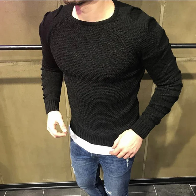 Fashion Winter Autumn Sweater Men Pullover Slim Fit Solid Color Knitted Hole Long Sleeve Jumper Male Elastic Basic Tops | Мужская одежда