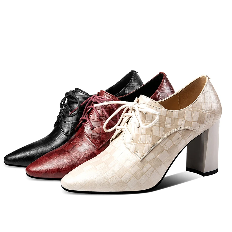 Кожаные туфли лодочки ISNOM с тиснением женская обувь на шнуровке острым носком