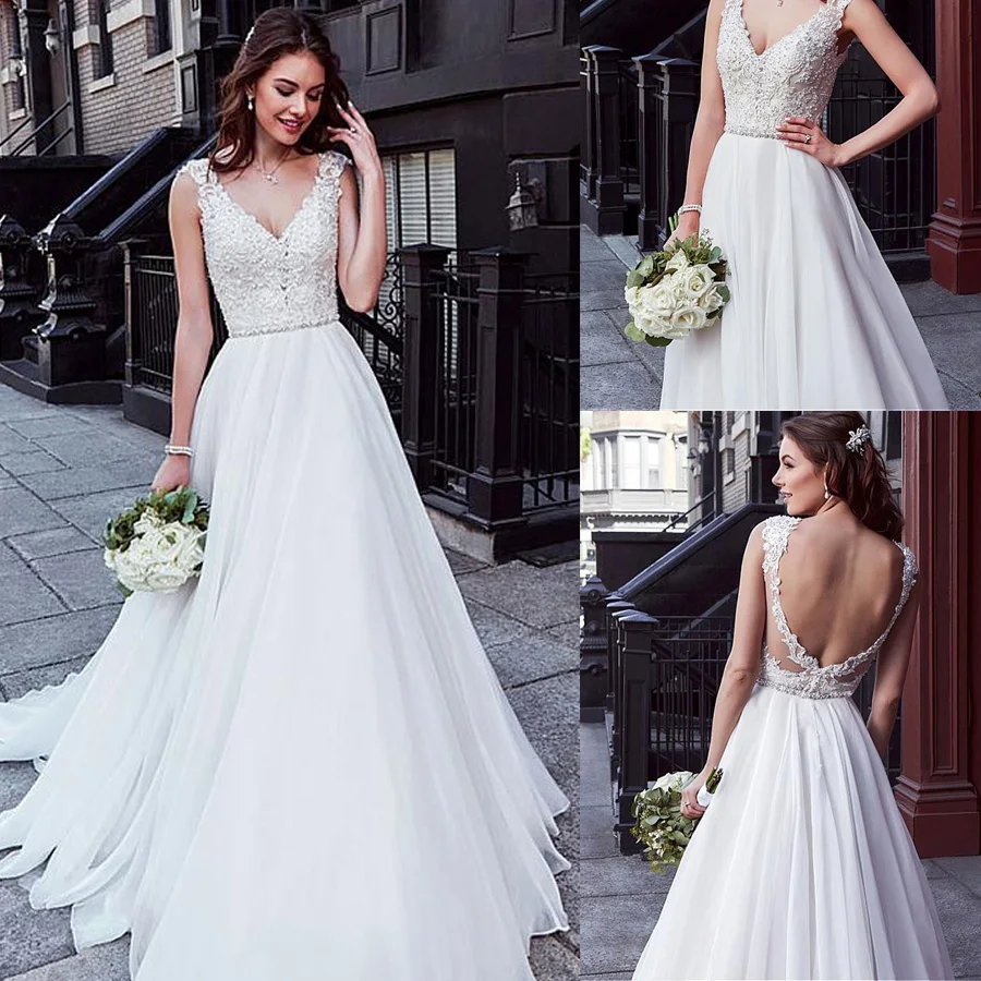 Очаровательное свадебное платье-трапеция из тюля и шифона с V-образным вырезом