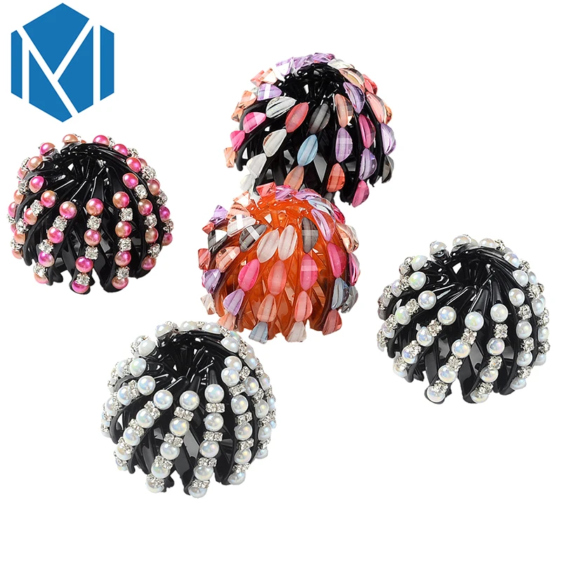 M MISM Women Bun Hair Maker Multi-Color Clips Rhinestone Bird Nest Holder Pearl Expanding Accessories Headwear | Украшения и