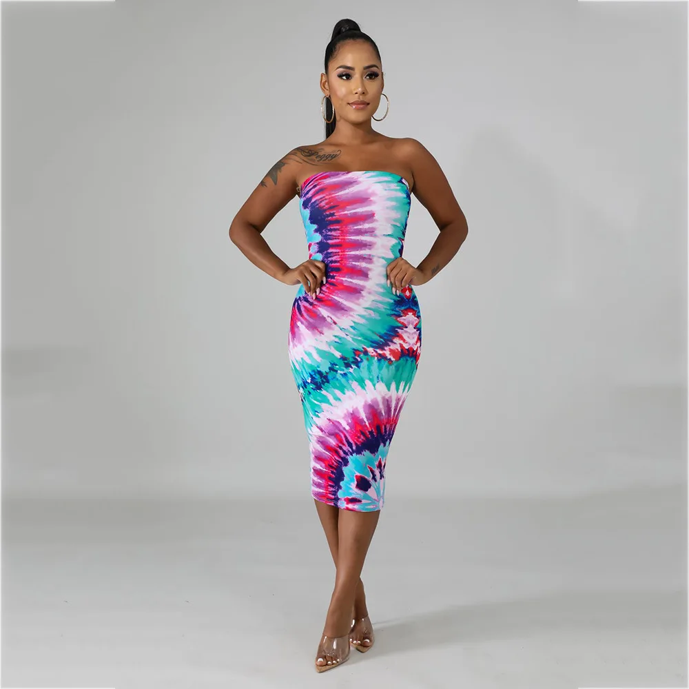 Lemon Gina 2019 women summer black hole galaxy print strapless off shoulder bodycon midi mid-calf length dress WJ5037 | Женская одежда