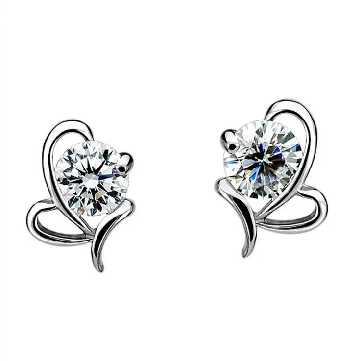 2021 Fashion Women Stud Earring Europe Style Bow Ladies Luxury Crystal 925 Silver Ear Jewelry Heart Shaped Wholesale CY043 | Украшения и