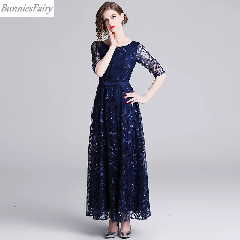BunniesFairy 2019 летнее Новое Женское платье высокого класса темно синие листья
