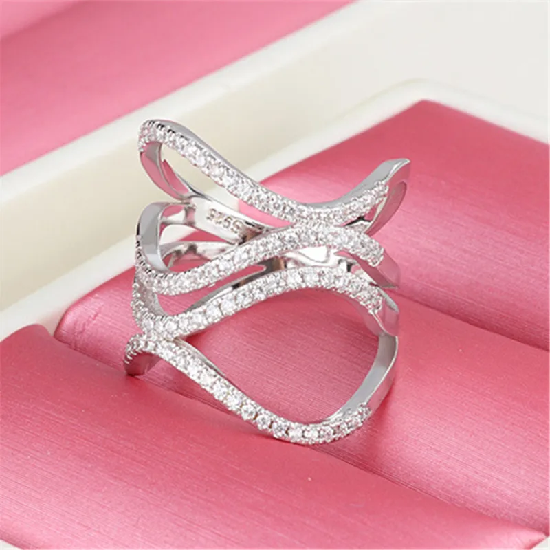 

ElepleIcedout Wave Lines Rings for women gifts cubic zirconia White gold color Ring engagement fashion jewelry bijoux VSR143