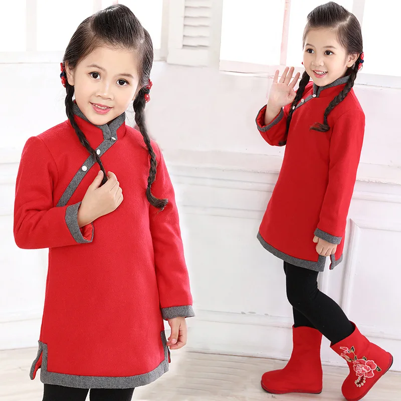 Autumn Winter Chinese Featured Qipao Girls Dresses Long Sleeves Warm Kids Dress Clothes Baby Toddler Children | Детская одежда и