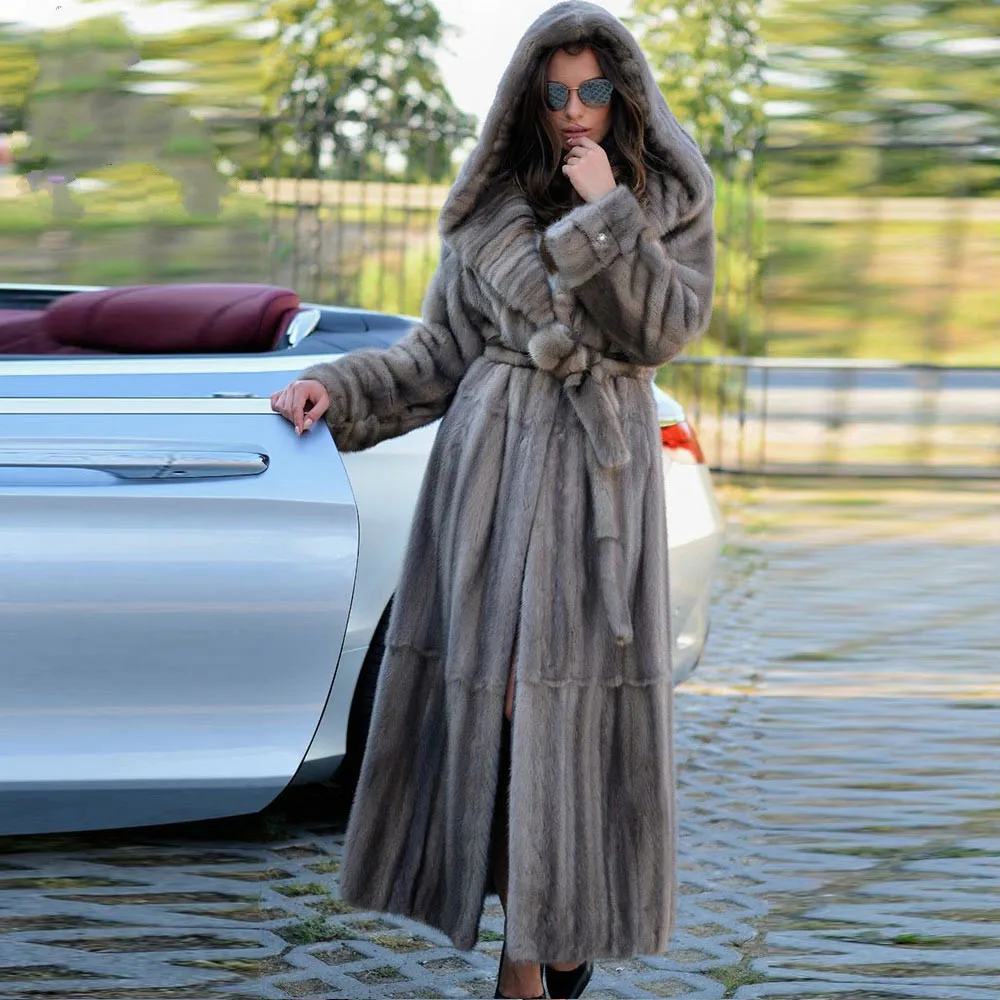 BFFUR 130cm Long Real Mink Fur Coat With Hood 2022 New Trendy Natural Mink Fur Overcoats Luxury Woman Fur Coat Natural Outwear