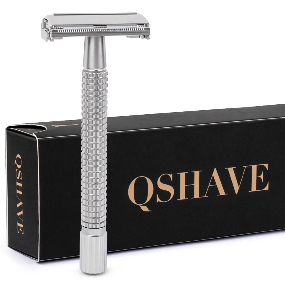 Фото Безопасная бритва с двойным лезвием, с длинной ручкой, Qshave, открытая Классическая Безопасная бритва, белая, 1 рукоятка и 5 лезвий №2