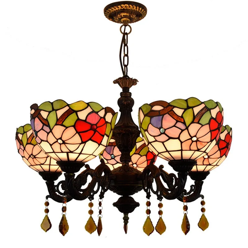 

European style Tiffany coloured glass living room restaurant, bedroom bar, pastoral red happy 5 hanging lamps