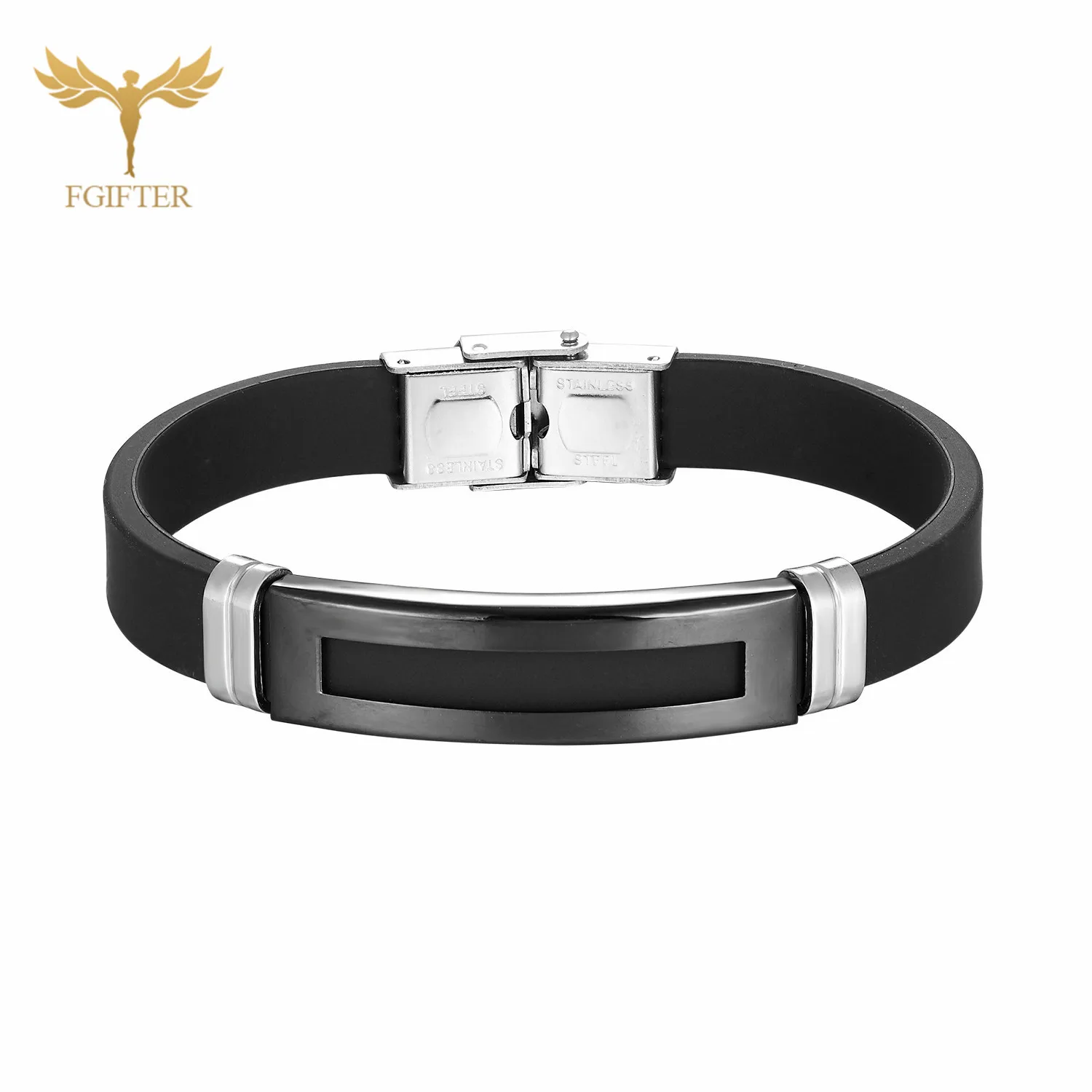 silver cuff bracelet Fgifter, нержавеющая сталь, Серебряный Браслет-манжета, черная резина, для женщин и мужчин, унисекс, ручной браслет, браслеты, ювелирные изделия - Окраска металла: silver cuff bracelet