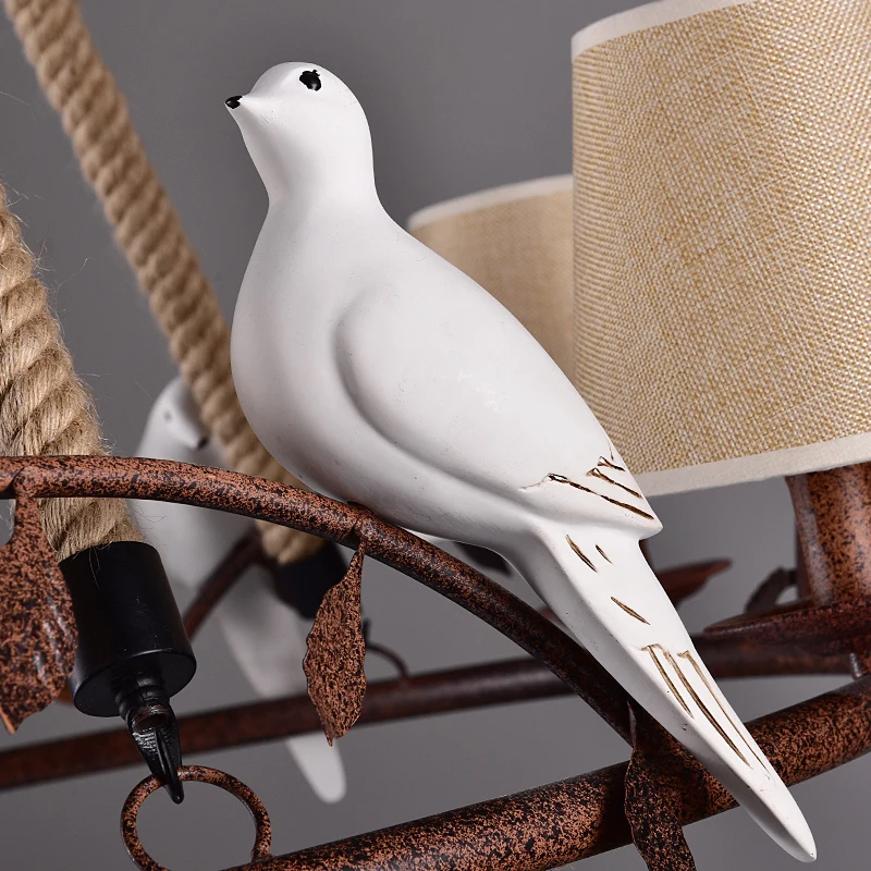 Кантри Ретро пеньковая веревка подвесной светильник лампы с птицами винтажный