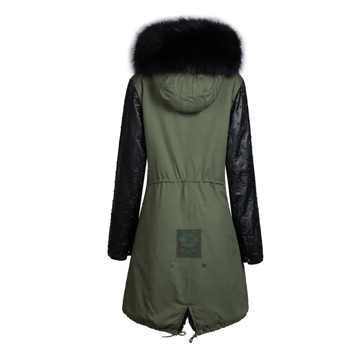 Зимняя парка с воротником из меха енота капюшоном Мужская черная кожаная куртка