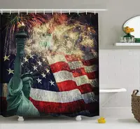 American Flag Decor Shower Curtain Composite Photo of States Idols with Fireworks on Background 4th of July