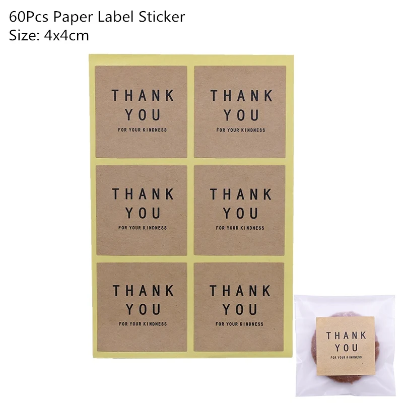 60pcs label sticker 50/100 шт Пластик сумки спасибо печенья и конфетная сумка самоклеющаяся бумага для Одежда для свадьбы, дня рождения мешок подарка печенья упаковочный пакет для выпечки - Цвет: 60pcs label sticker