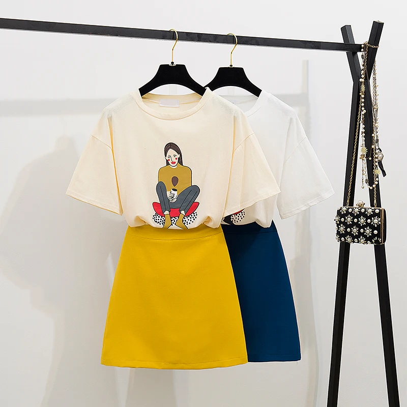 2019 летняя футболка с рисунком для женщин и девочек + тонкая юбка комплекты из 2